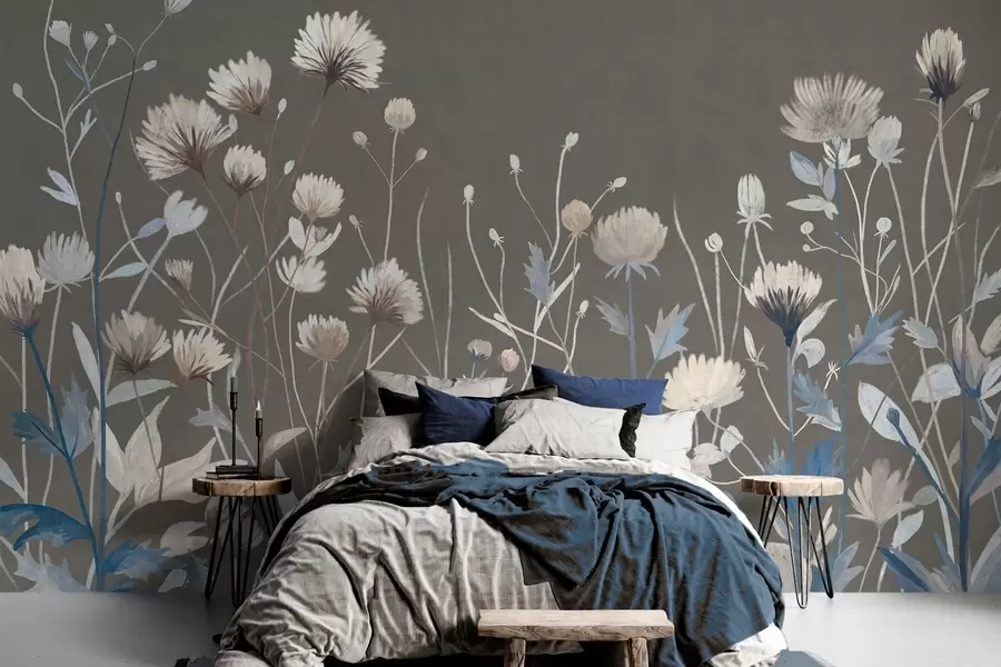 Fototapete Wilde Feldgräser und Blumen, gemalt im malerischen Stil vor einem graubraunen Hintergrund w05563v2