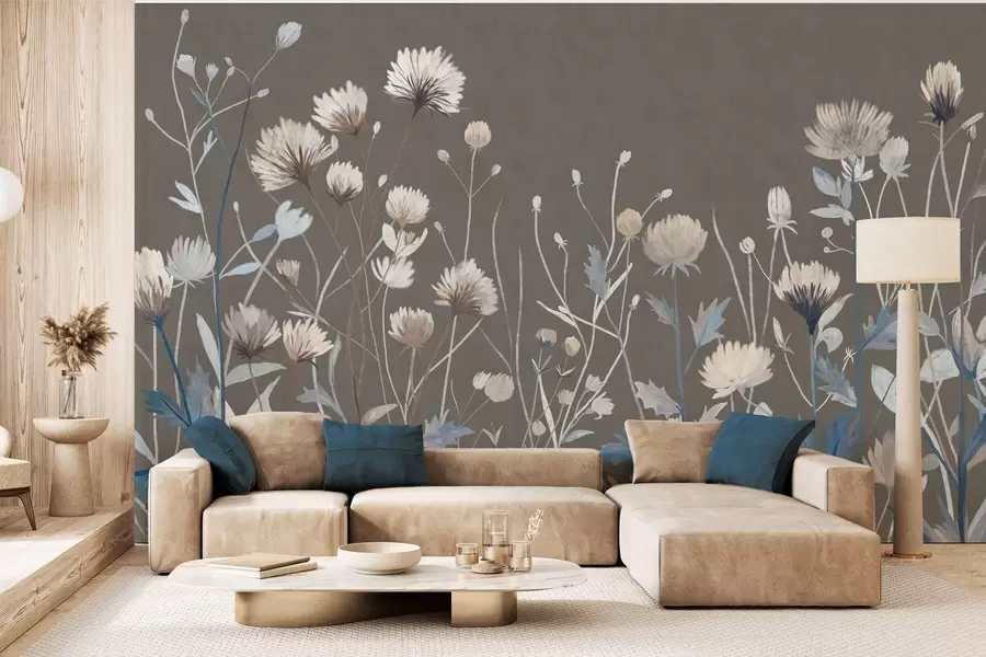 Fototapete Wilde Feldgräser und Blumen, gemalt im malerischen Stil vor einem graubraunen Hintergrund w05563v2