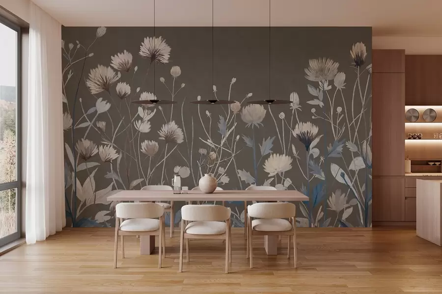 Fototapete Wilde Feldgräser und Blumen, gemalt im malerischen Stil vor einem graubraunen Hintergrund w05563v2