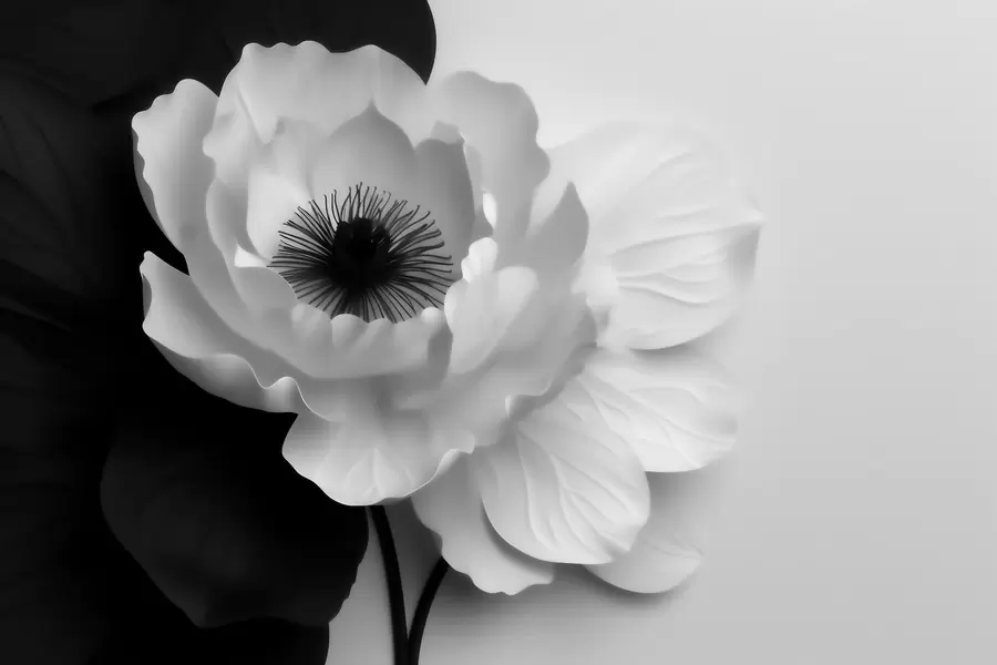Fototapete Eine kontrastreiche weiße Blume mit dunkler Mitte auf schwarz-weißem Hintergrund w09852