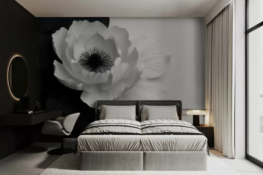 Fototapete Eine kontrastreiche weiße Blume mit dunkler Mitte auf schwarz-weißem Hintergrund w09852