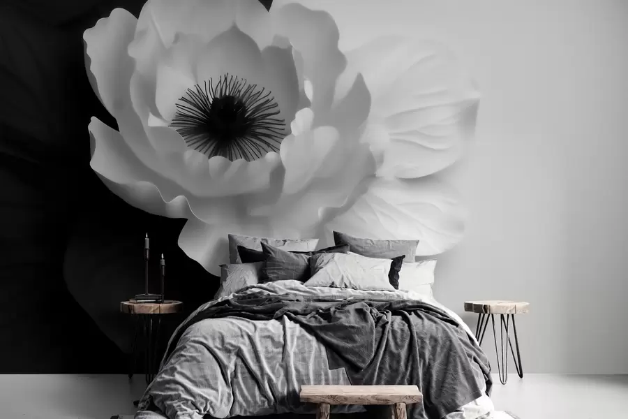 Fototapete Eine kontrastreiche weiße Blume mit dunkler Mitte auf schwarz-weißem Hintergrund w09852