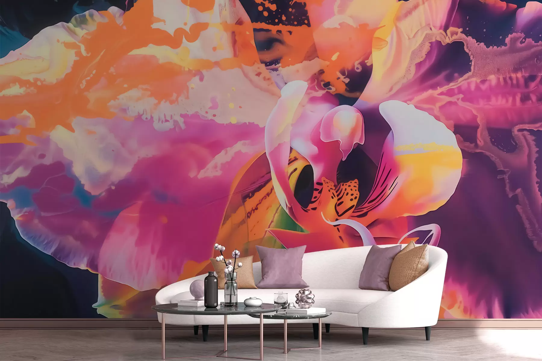 Fototapete Eine lebendige, abstrakte Orchideenblüte mit satten Farben und dynamischen Formen im Aquarellstil w09855
