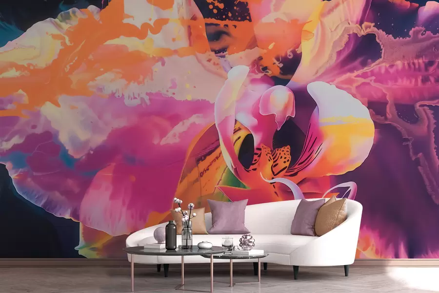 Fototapete Eine lebendige, abstrakte Orchideenblüte mit satten Farben und dynamischen Formen im Aquarellstil w09855