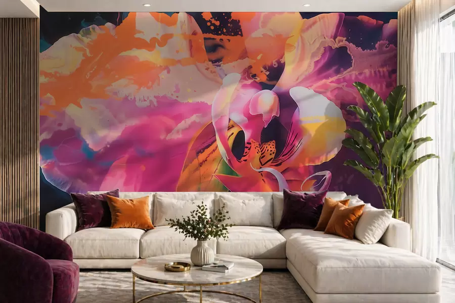 Fototapete Eine lebendige, abstrakte Orchideenblüte mit satten Farben und dynamischen Formen im Aquarellstil w09855
