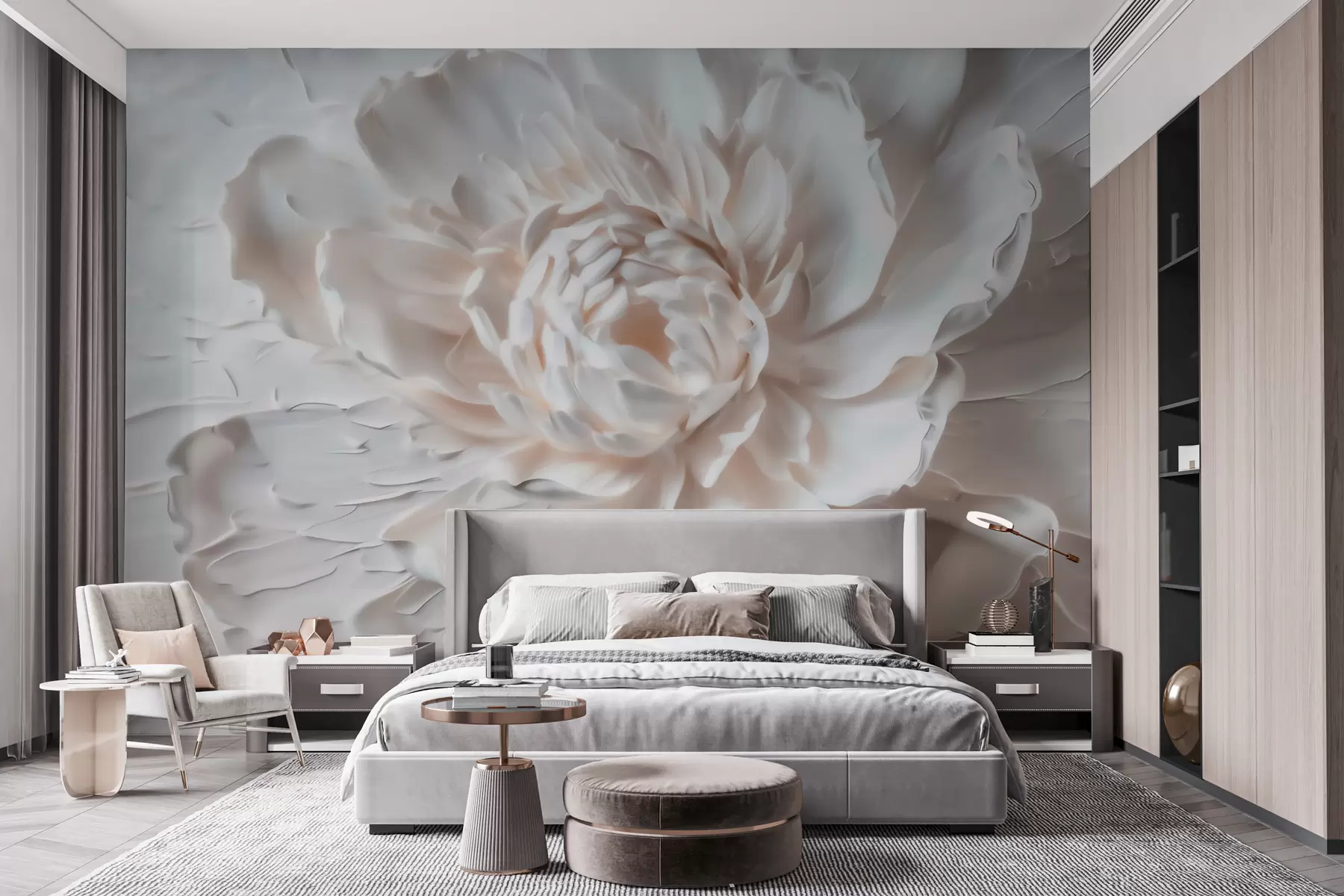 Fototapete Eine zarte Blume im Flachrelief mit glatten Blütenblättern in hellen Farbtönen w09861