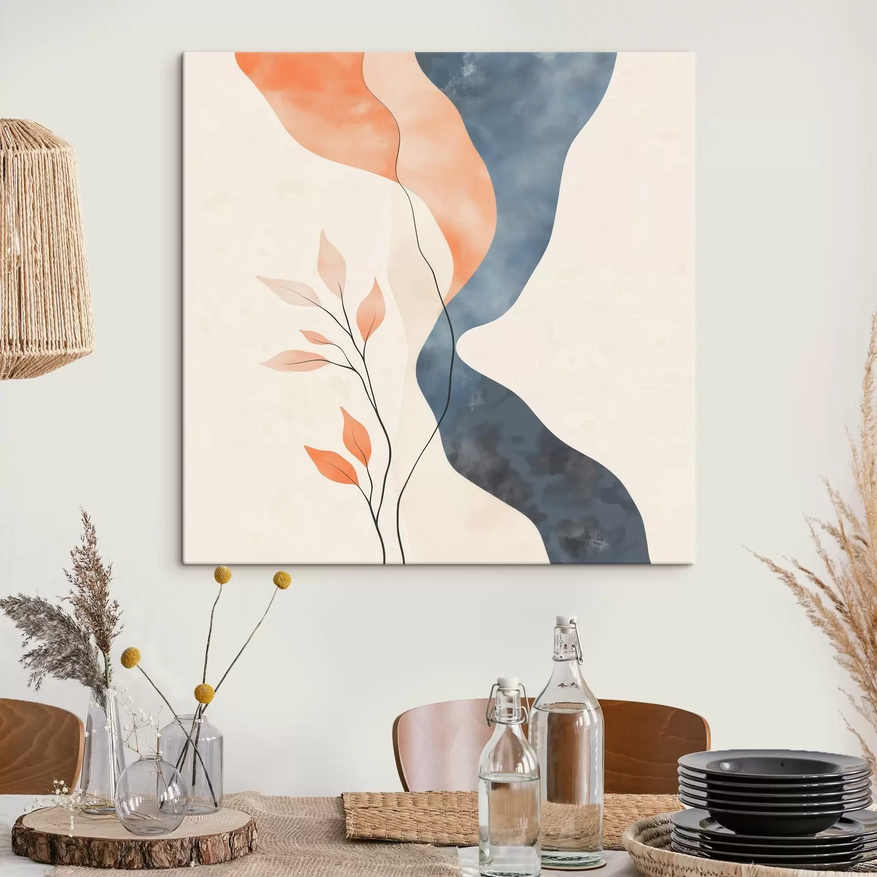 Wandbilder Blumenarrangement mit fließenden Linien in Blau- und Orangetönen s48837