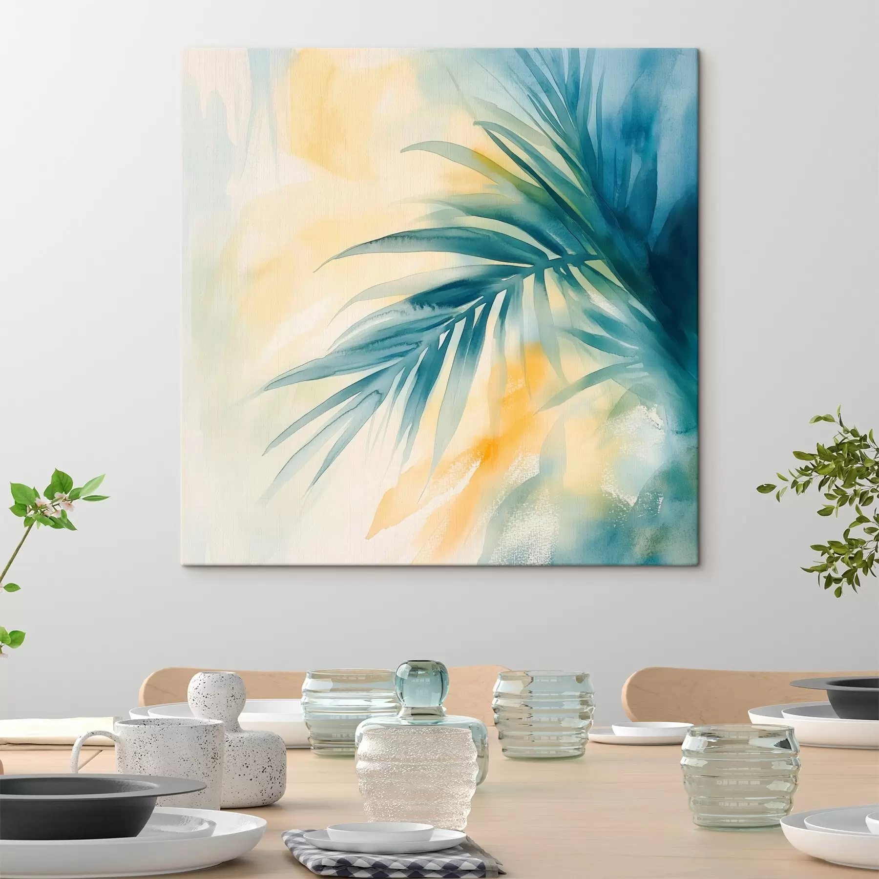 Wandbilder Tropische Palmblätter in Blau- und Türkistönen vor einem Hintergrund aus warmen Aquarellflecken s48849