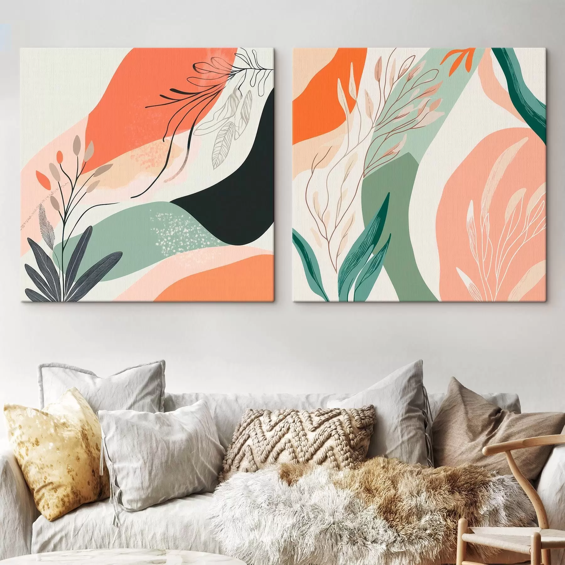 Wandbilder Abstraktes Diptychon mit Pflanzenmotiven und Farbflecken im modernen Stil m30347
