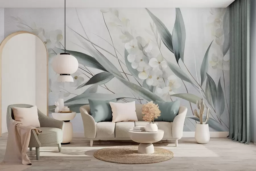 Fototapete Zarte Blumen und lange grüne Blätter in malerischem Stil mit feinen Pinselstrichen, strukturierte Kunst w09827