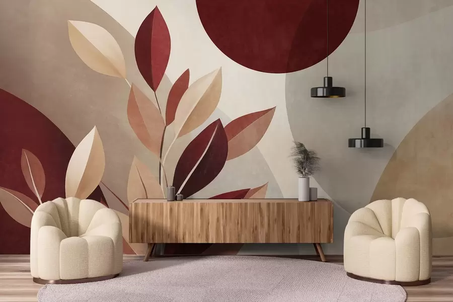 Fototapete Strukturierte Blätter in Bordeauxrot und Beige vor einem Hintergrund aus abstrakten Formen, Minimalismus, moderne Kunst w09829