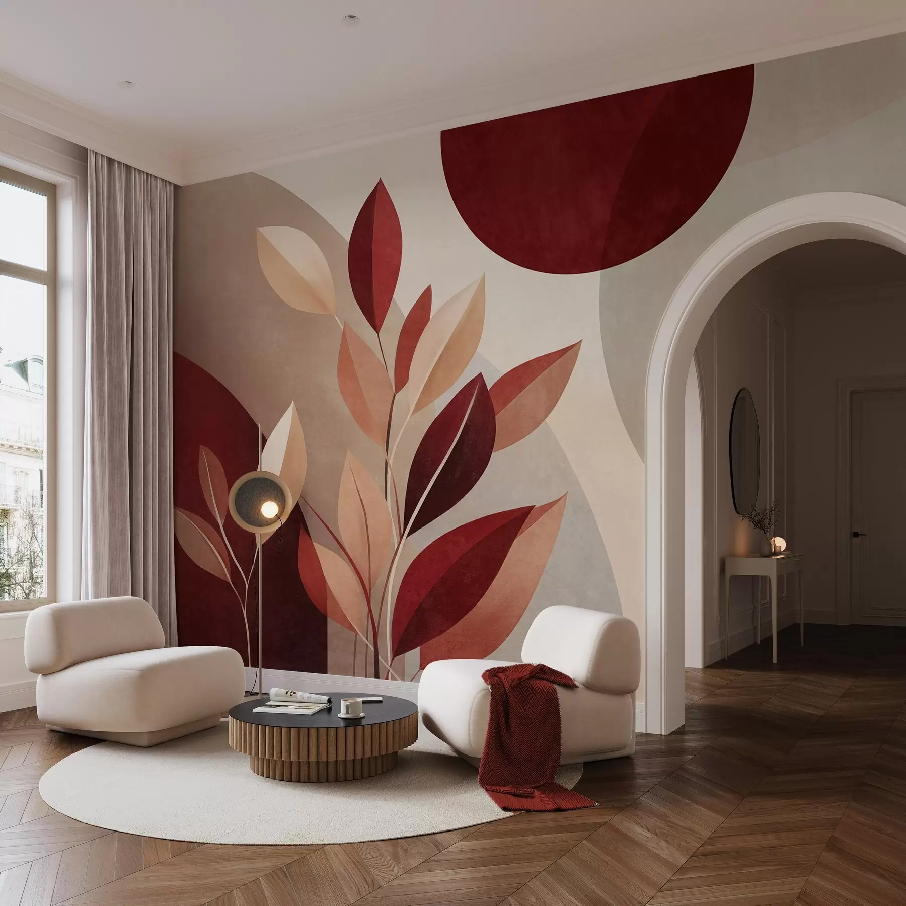 Fototapete Strukturierte Blätter in Bordeauxrot und Beige vor einem Hintergrund aus abstrakten Formen, Minimalismus, moderne Kunst w09829
