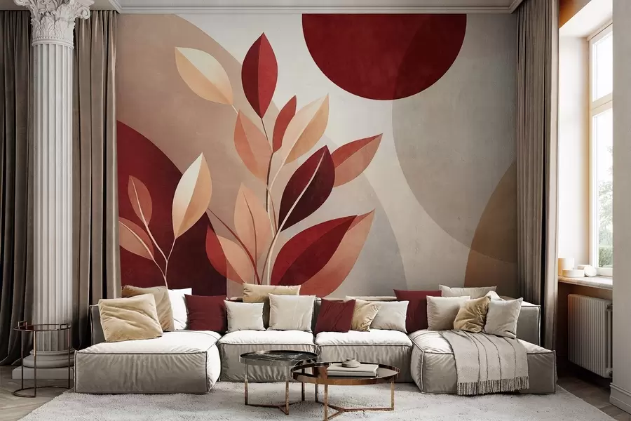 Fototapete Strukturierte Blätter in Bordeauxrot und Beige vor einem Hintergrund aus abstrakten Formen, Minimalismus, moderne Kunst w09829