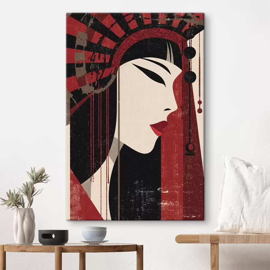 Wandbilder stilisiertes Porträt einer Frau, inspiriert von japanischer und Art-déco-Ästhetik s48993