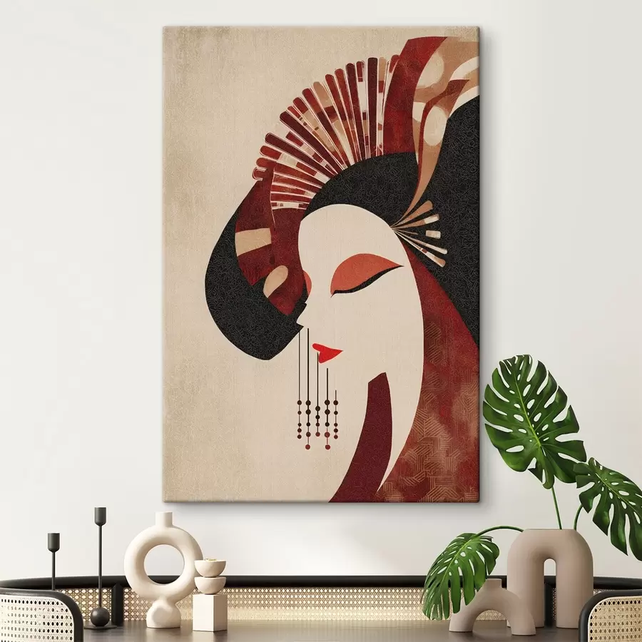 Wandbilder stilisiertes Porträt einer Frau, inspiriert von japanischer und Art-déco-Ästhetik s48994