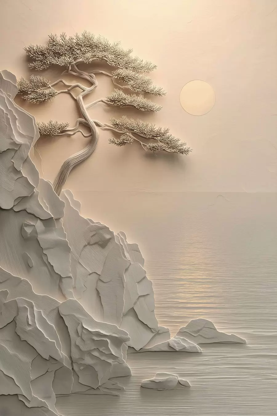 Wandbilder ein Baum an einem Hang am Meer, im Flachreliefstil s49001