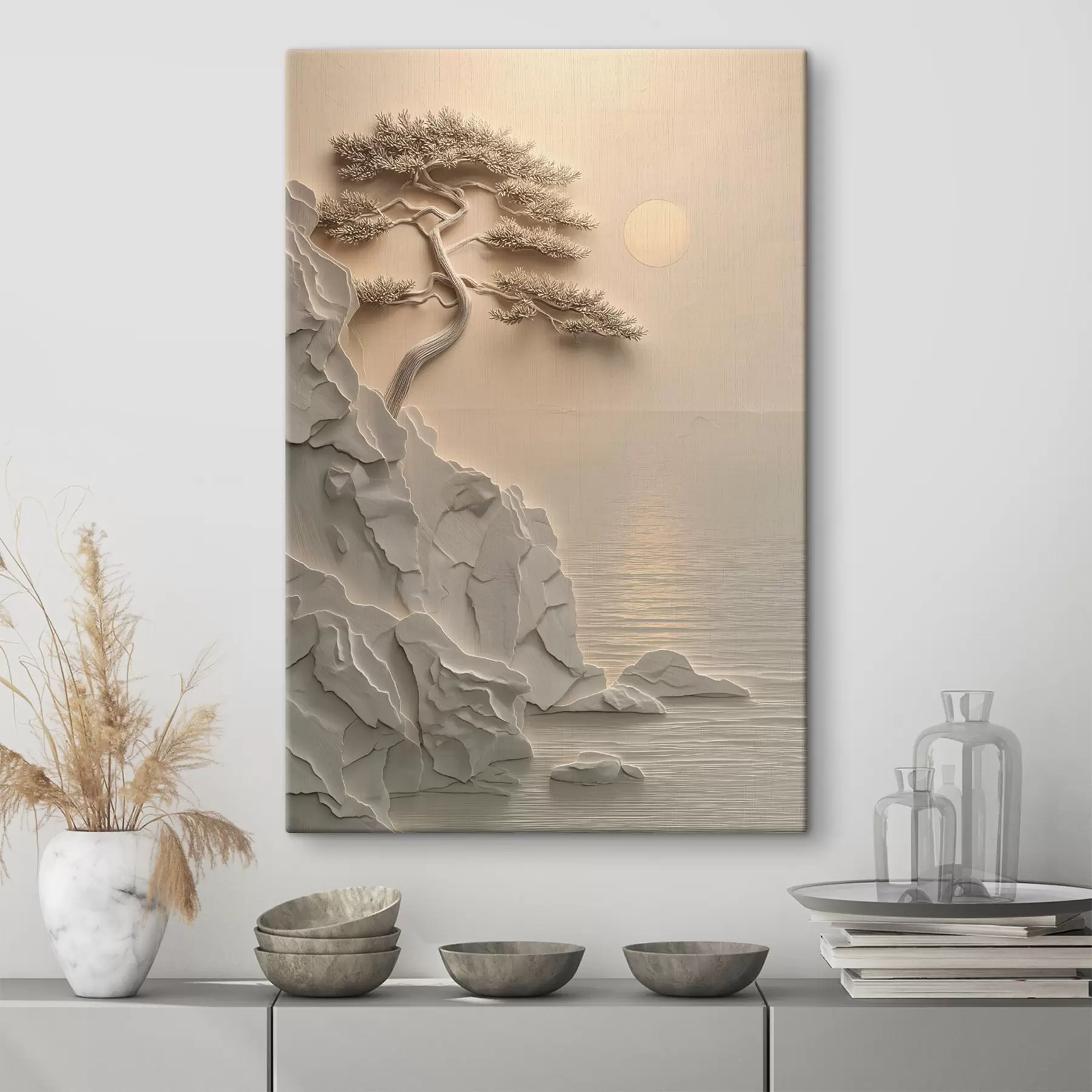 Wandbilder ein Baum an einem Hang am Meer, im Flachreliefstil s49001