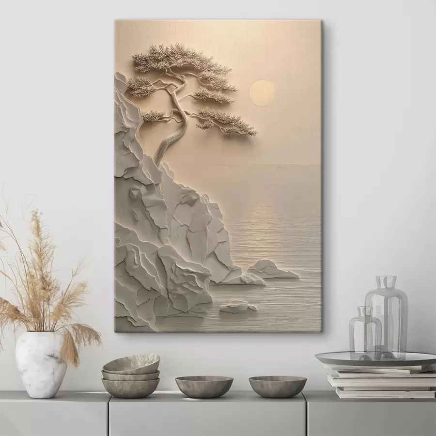 Wandbilder ein Baum an einem Hang am Meer, im Flachreliefstil s49001