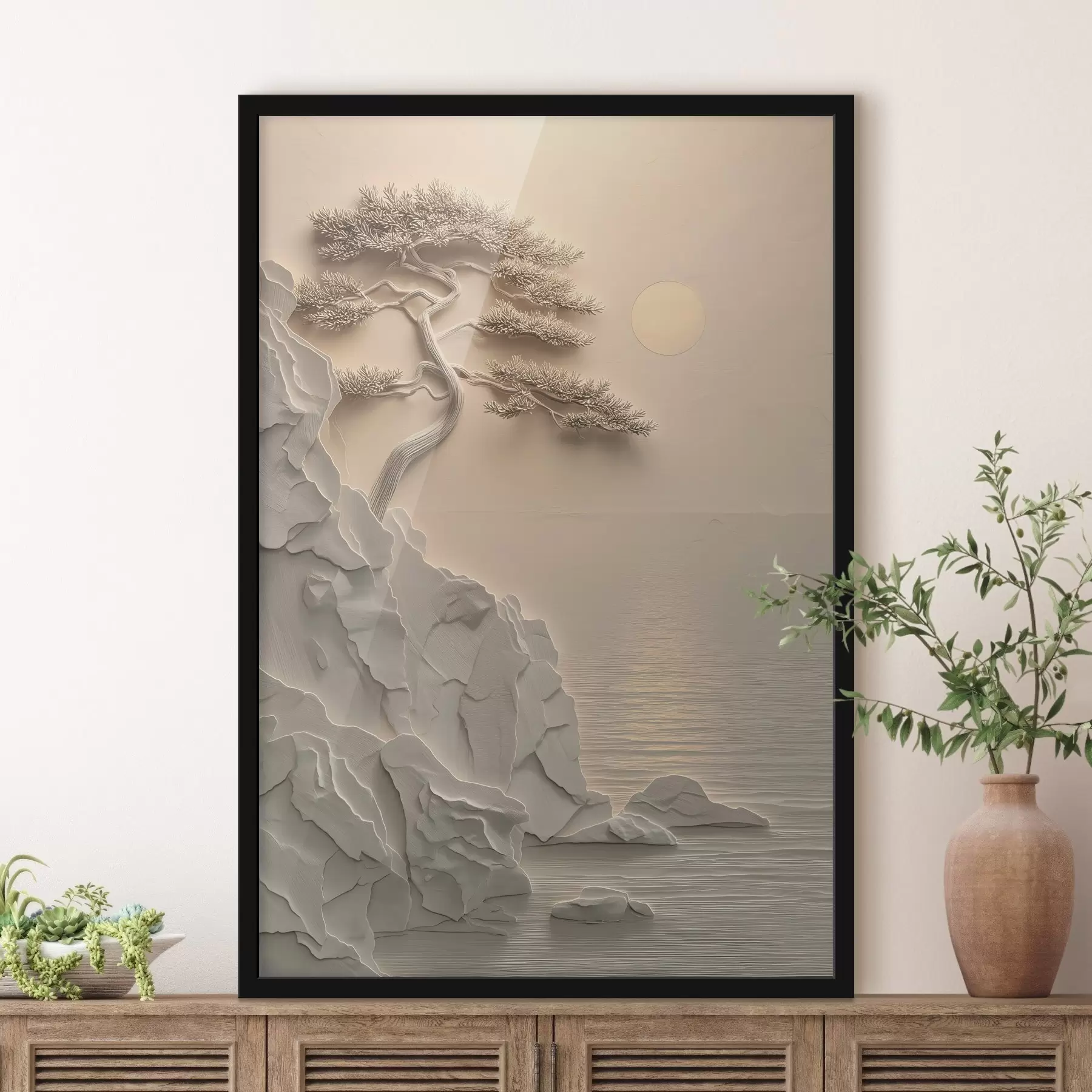 Fototapete ein Baum an einem Hang am Meer, im Flachreliefstil f49001
