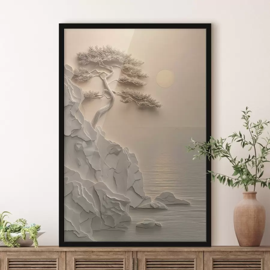 Fototapete ein Baum an einem Hang am Meer, im Flachreliefstil f49001