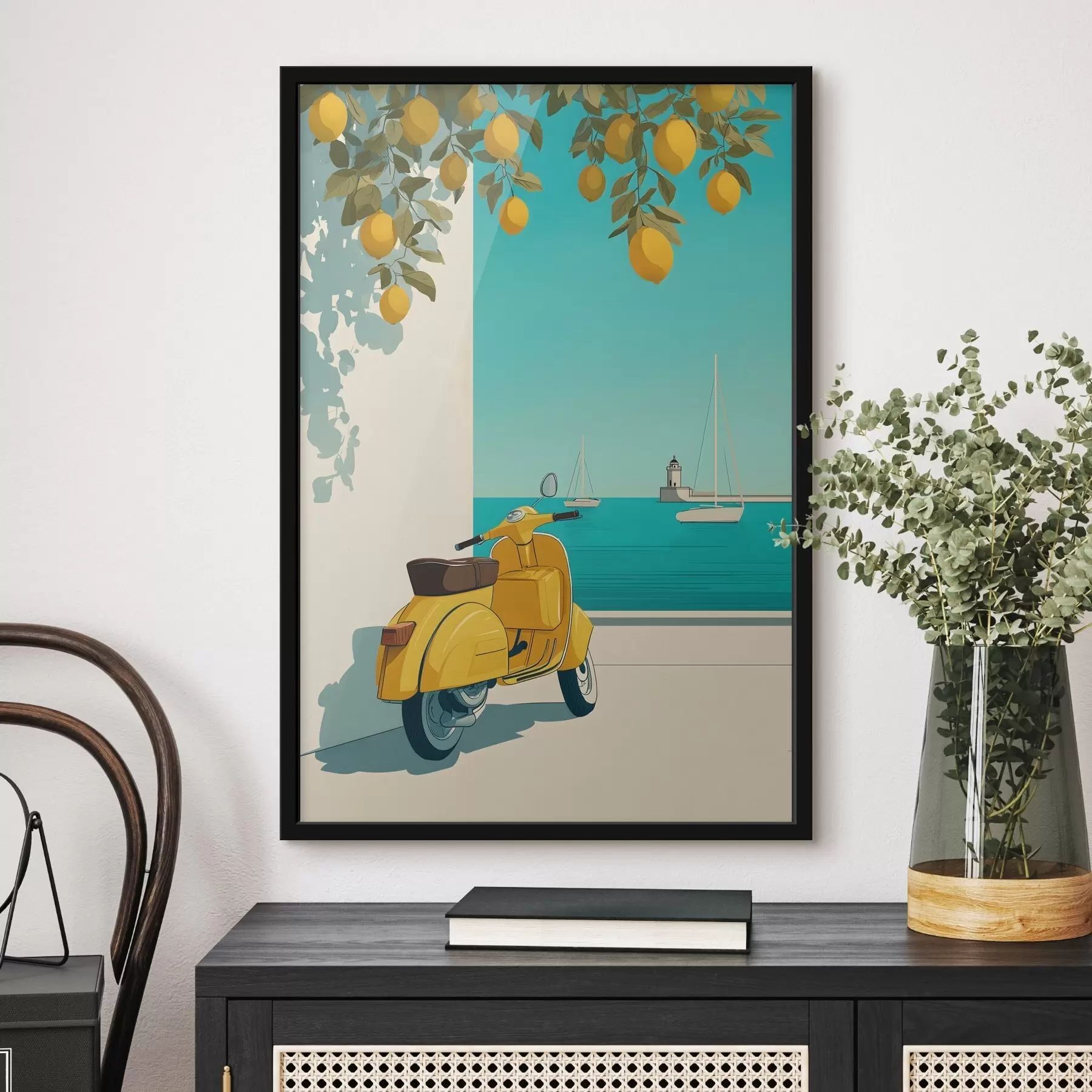Fototapete ein Moped am Meer unter den Zitronenbäumen f49008