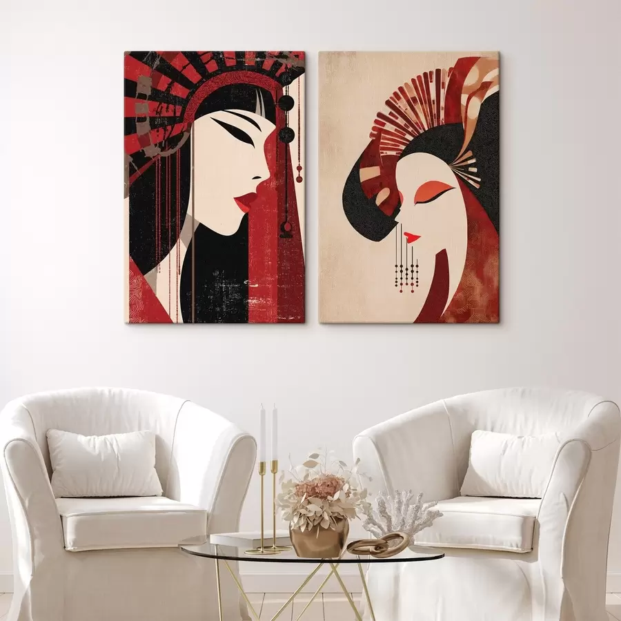 Wandbilder stilisiertes Porträt einer Frau, inspiriert von japanischer und Art-déco-Ästhetik m30431