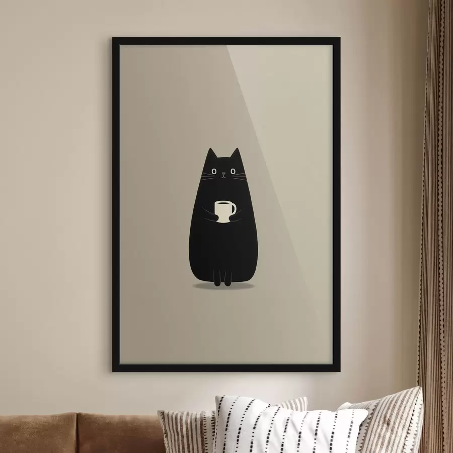 Fototapete Schwarze Katze mit einer Tasse f49030