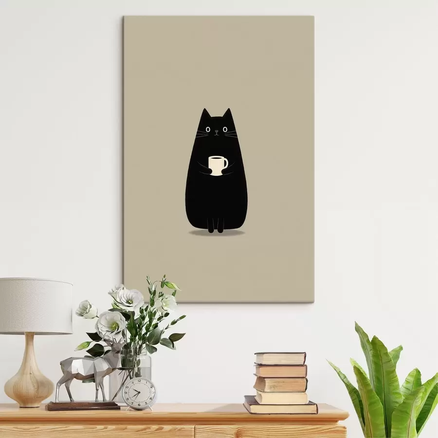 Wandbilder Schwarze Katze mit einer Tasse s49030
