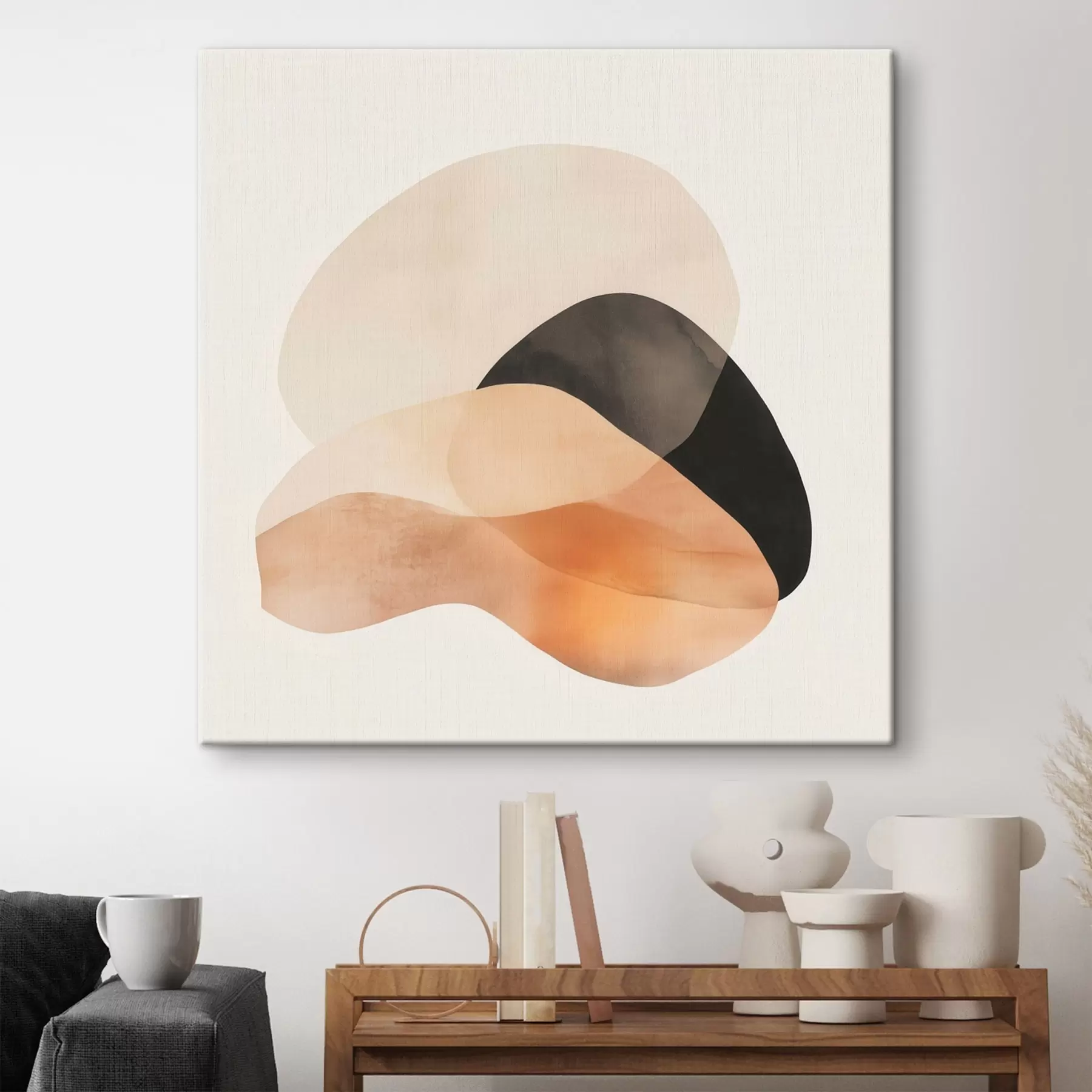 Wandbilder Abstrakte Formen in einer Beige-Pfirsich-Farbpalette mit dunklen Akzenten im minimalistischen Stil s48863