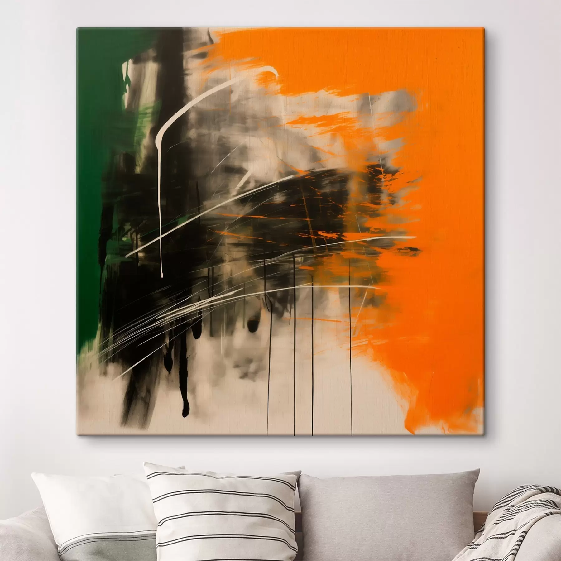 Wandbilder Abstraktion mit orangefarbenen und grünen Pinselstrichen in einem zeitgenössischen Malstil s48866