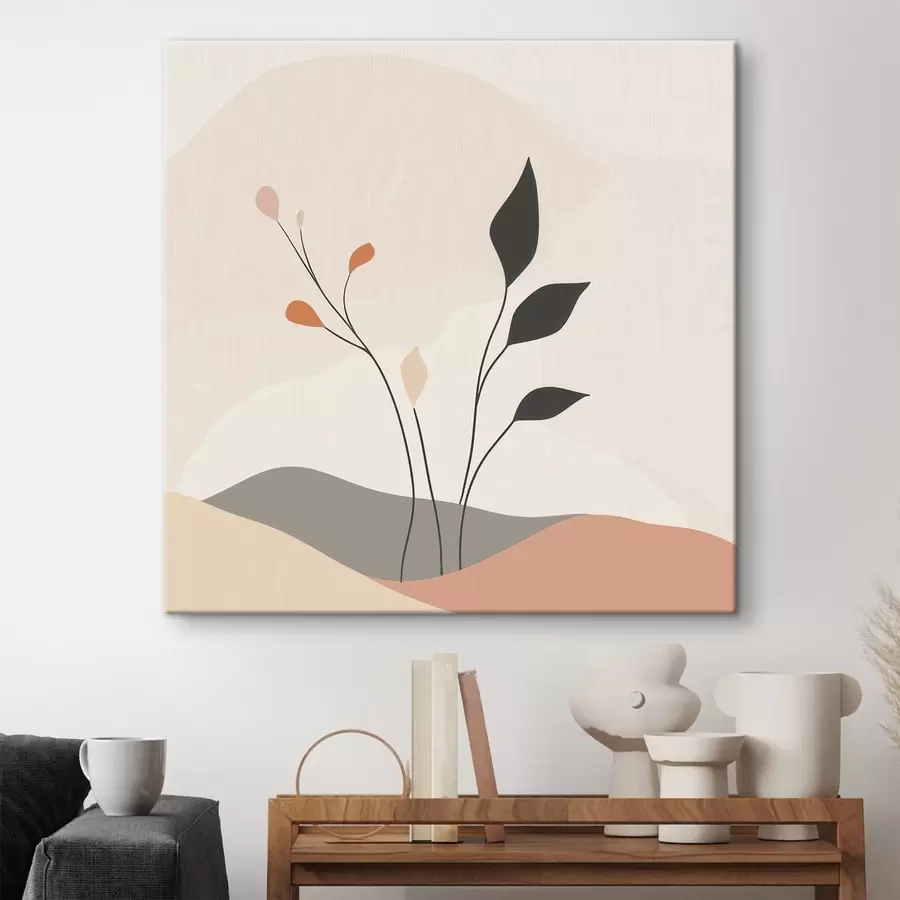 Wandbilder Lakonische Szene mit Pflanzenmotiven und organischen Formen im Stil der zeitgenössischen Kunst s48874