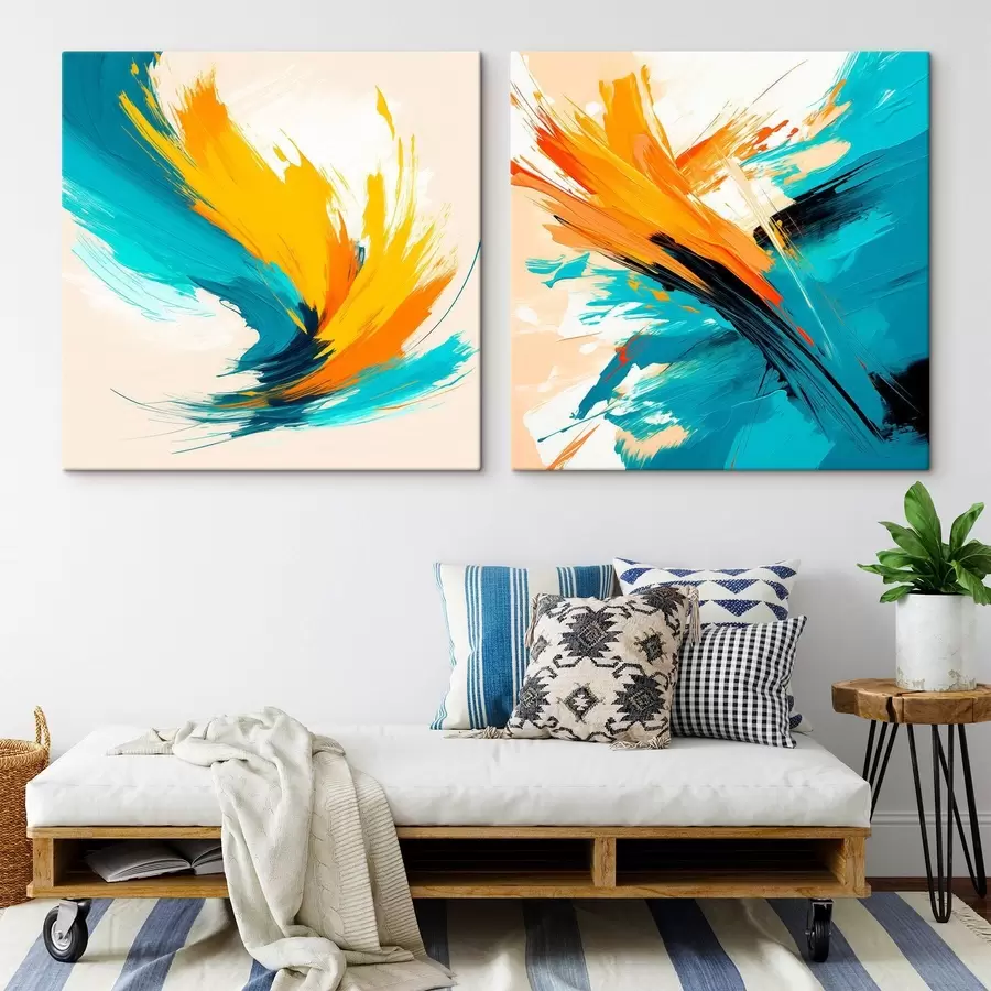 Wandbilder Dynamische Pinselstriche in einer türkis-orangefarbenen Farbpalette im Stil der zeitgenössischen Kunst m30354