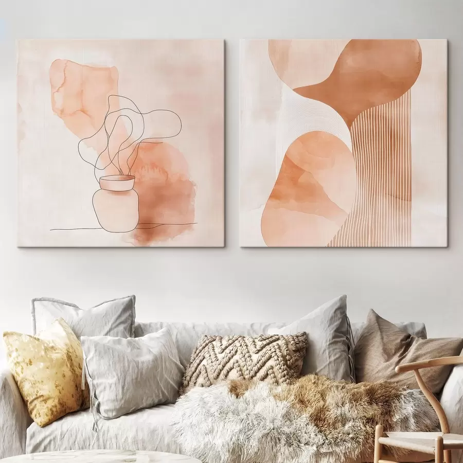 Wandbilder Abstrakte Formen in einer Beige-Pfirsich-Farbpalette mit linearen Akzenten im minimalistischen Stil m30361