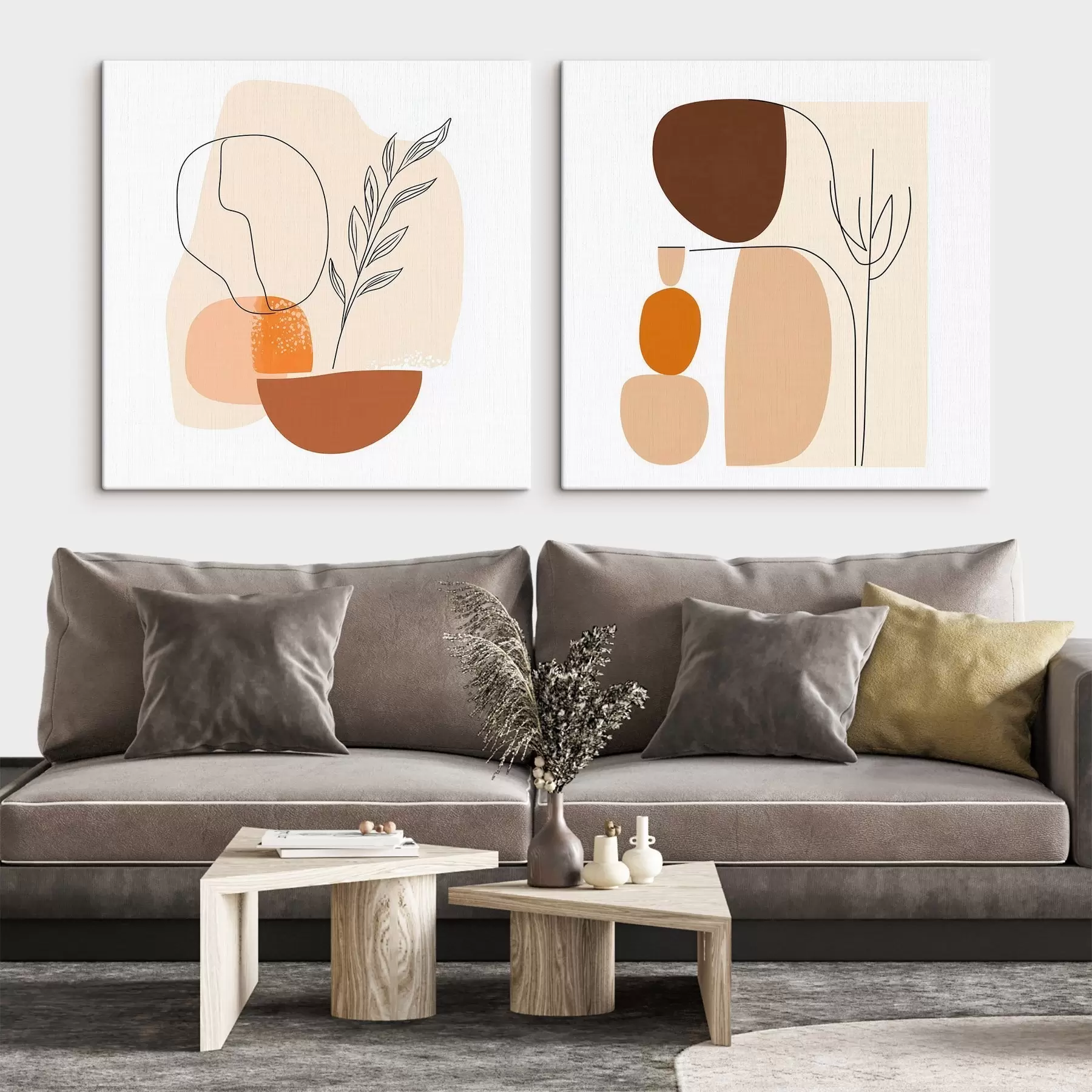 Wandbilder Abstrakte Blumen in einer warmen Beige-Korallen-Farbpalette: Illustration im minimalistischen Stil m30362