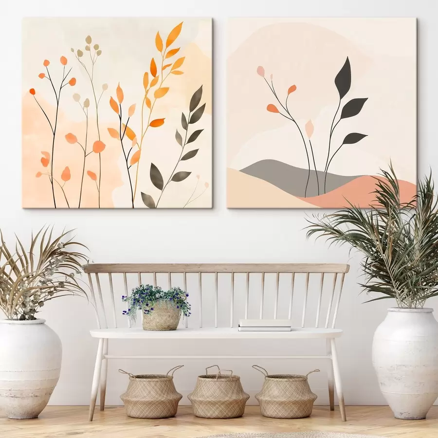 Wandbilder Blumen-Diptychon in warmen Beige- und Korallentönen mit grafischen Linien im minimalistischen Stil m30363