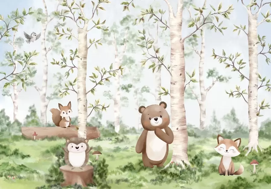 Fototapete Eine Kinderillustration eines Waldes mit einem Bären, einem Fuchs und einem Igel w05532