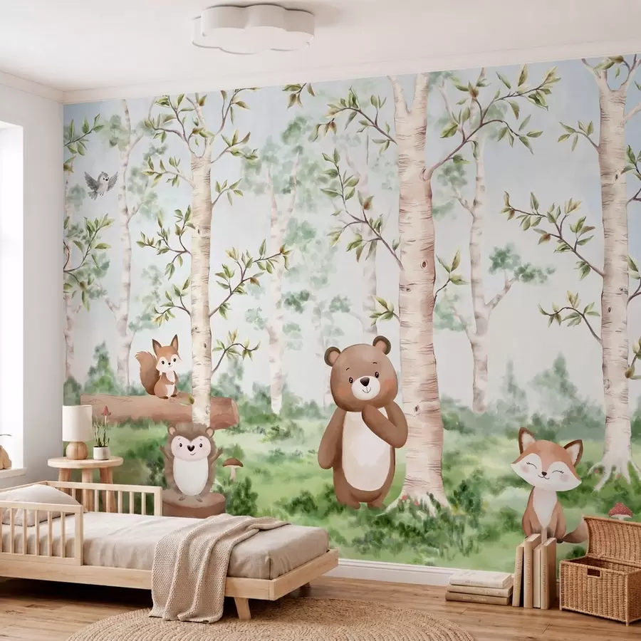 Fototapete Eine Kinderillustration eines Waldes mit einem Bären, einem Fuchs und einem Igel w05532