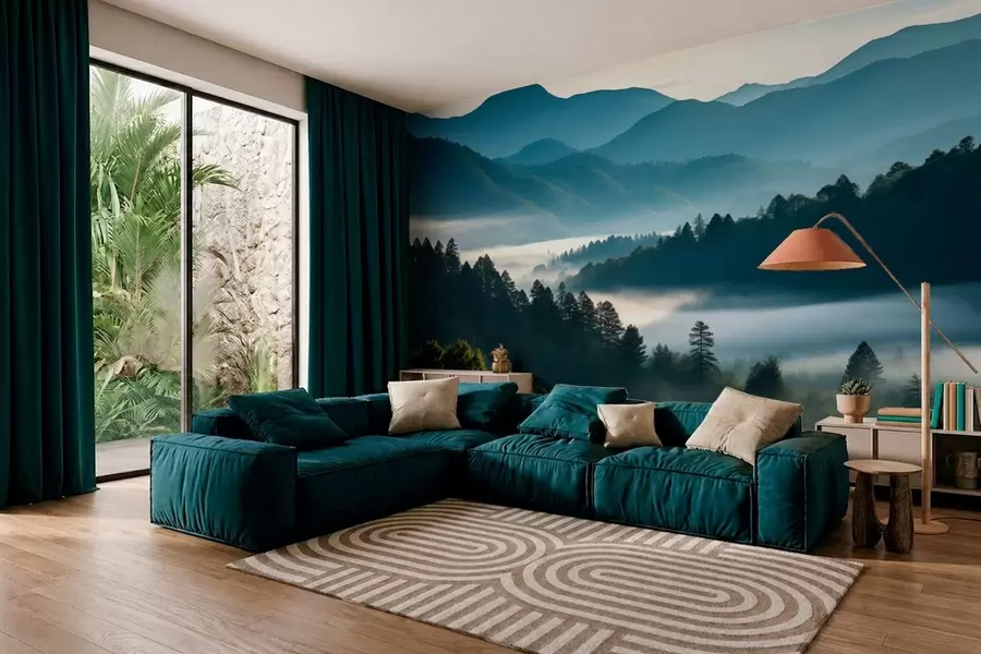 Fototapete Berglandschaft mit Nebel und Wäldern im Morgengrauen w05573