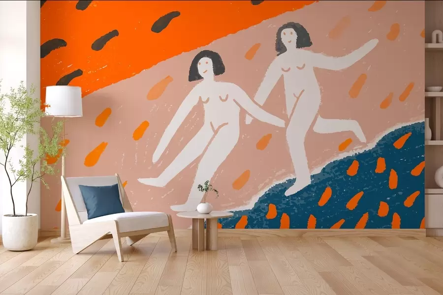Fototapete zeitgenössische Kunst: zwei Frauen, die an der Küste entlanglaufen w05564