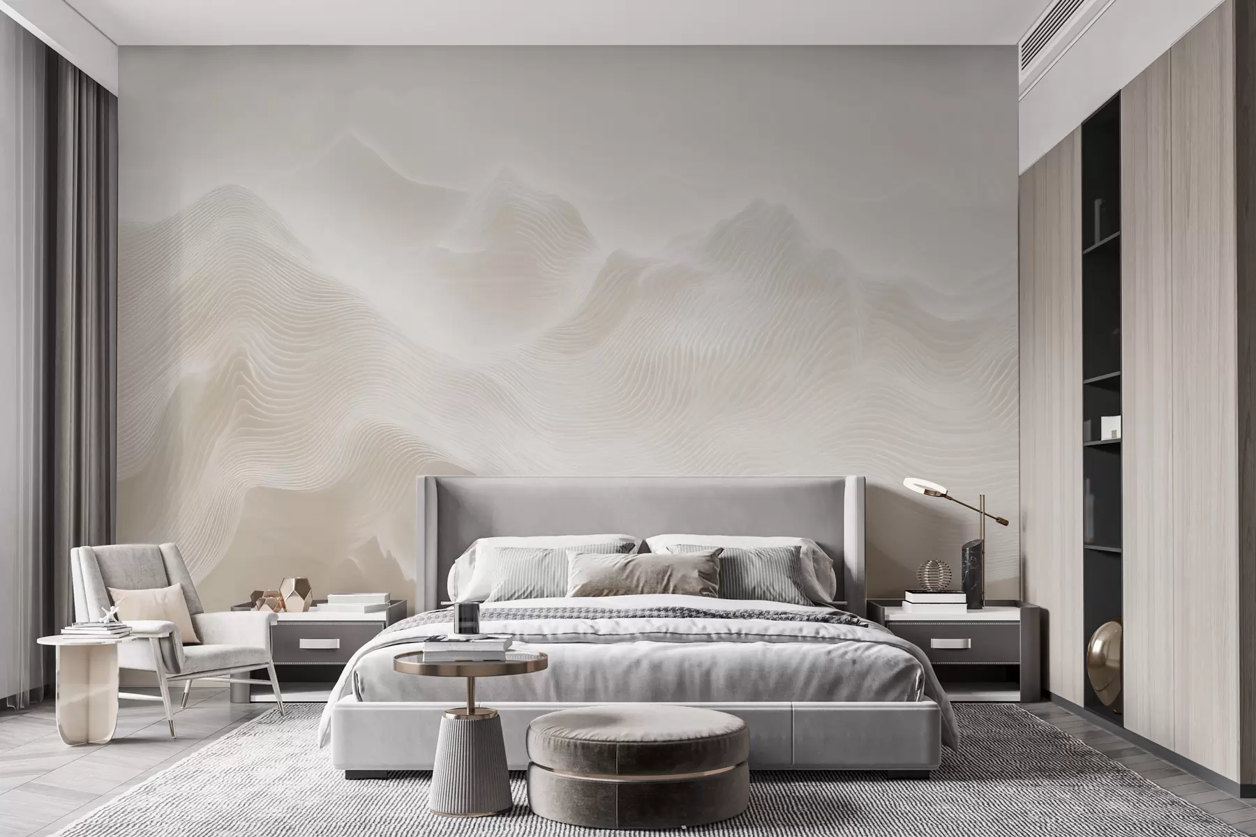Fototapete Abstrakte, wellenförmige Berge in Beigetönen im minimalistischen Stil w09713