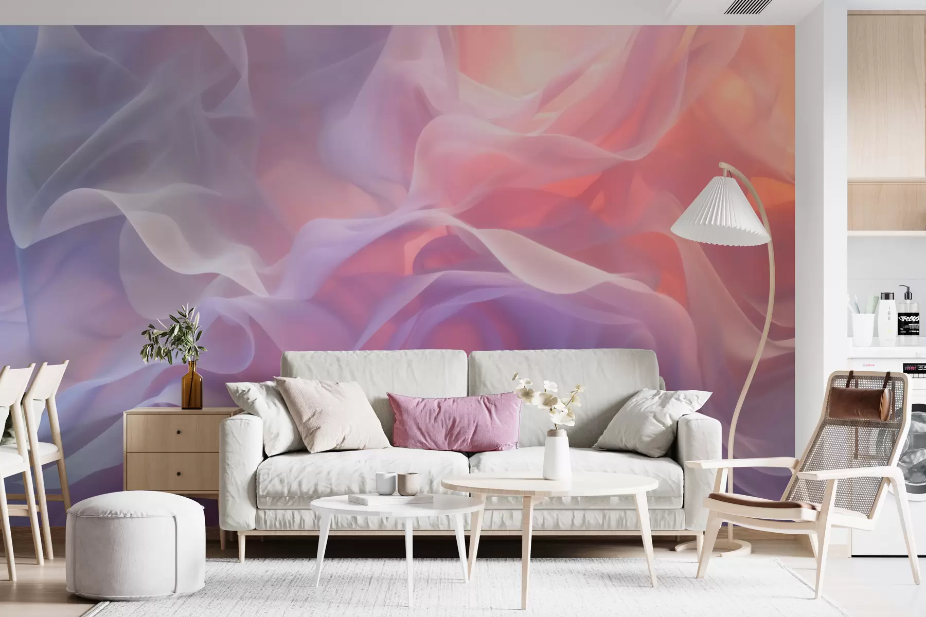 Fototapete Luftige Abstraktion mit durchscheinenden Wellen in einer rosa-lila Farbpalette w09851
