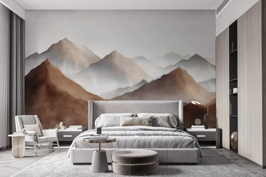 Fototapete Nebelige Berggipfel in Beige- und Brauntönen im Aquarellstil w09857