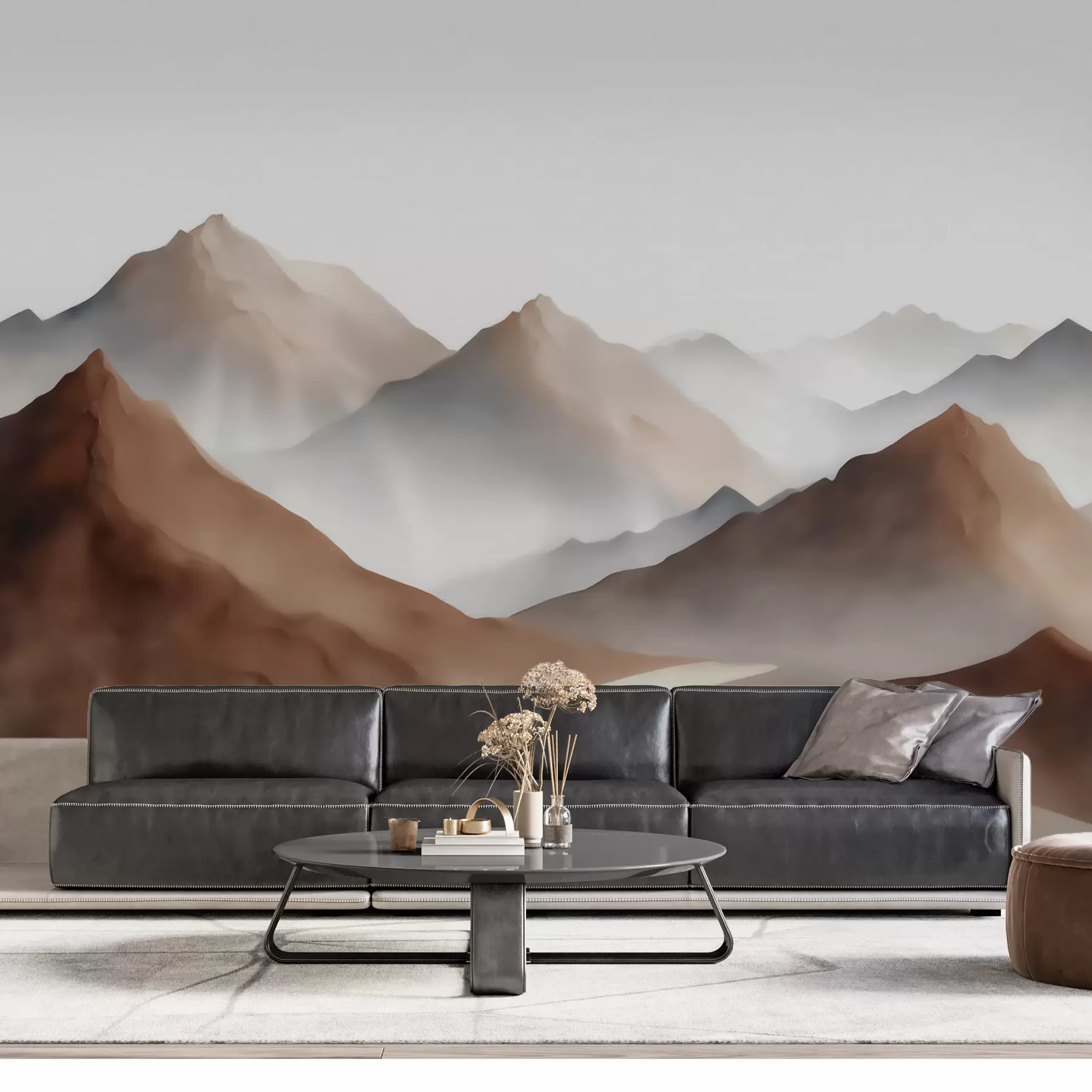 Fototapete Nebelige Berggipfel in Beige- und Brauntönen im Aquarellstil w09857