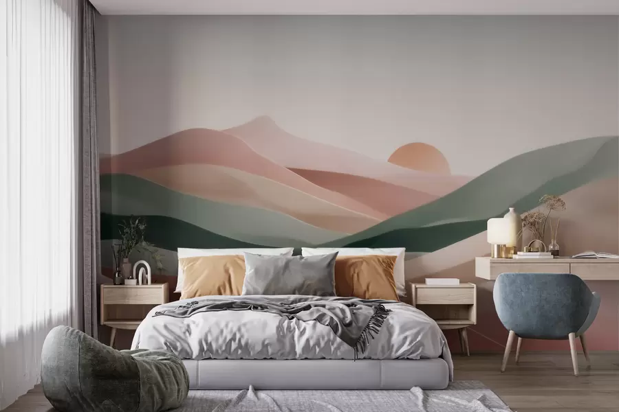 Fototapete Abstrakte Wüstenlandschaft in pastellgrün-rosa Farbtönen, Minimalismus w09860