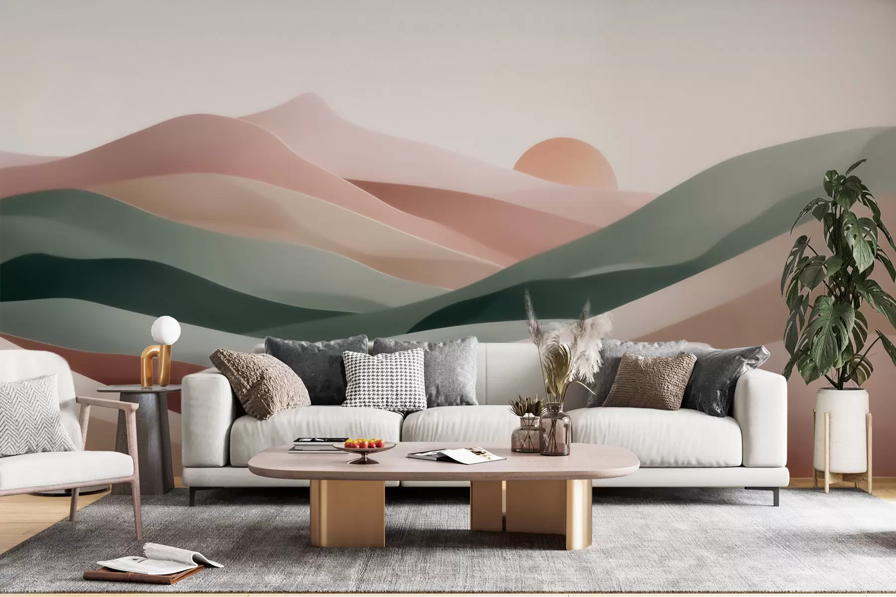 Fototapete Abstrakte Wüstenlandschaft in pastellgrün-rosa Farbtönen, Minimalismus w09860