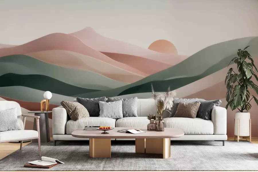 Fototapete Abstrakte Wüstenlandschaft in pastellgrün-rosa Farbtönen, Minimalismus w09860