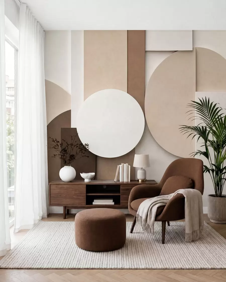 Fototapete Strukturierte beigefarbene geometrische Formen in einer mehrschichtigen 3D-Komposition, minimalistische, moderne Wandkunst w05598