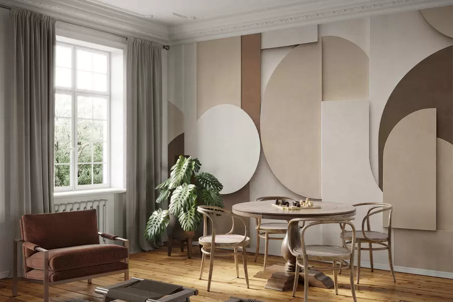 Fototapete Strukturierte beigefarbene geometrische Formen in einer mehrschichtigen 3D-Komposition, minimalistische, moderne Wandkunst w05598