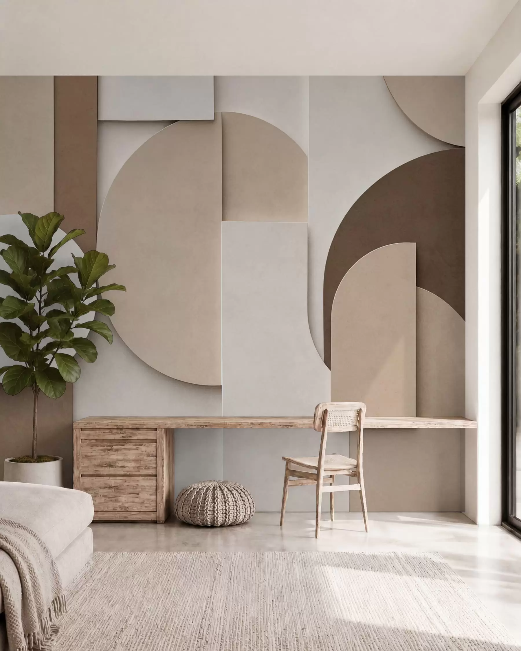 Fototapete Strukturierte beigefarbene geometrische Formen in einer mehrschichtigen 3D-Komposition, minimalistische, moderne Wandkunst w05598