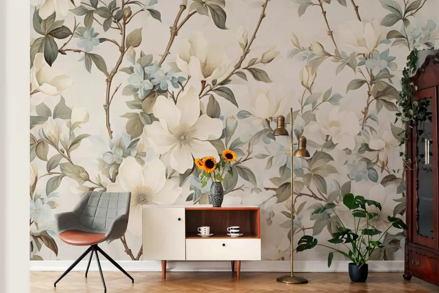 Fototapete Zarte Blumen und zartgrüne Blätter im malerischen Vintage-Stil mit dezenten Pinselstrichen w05601